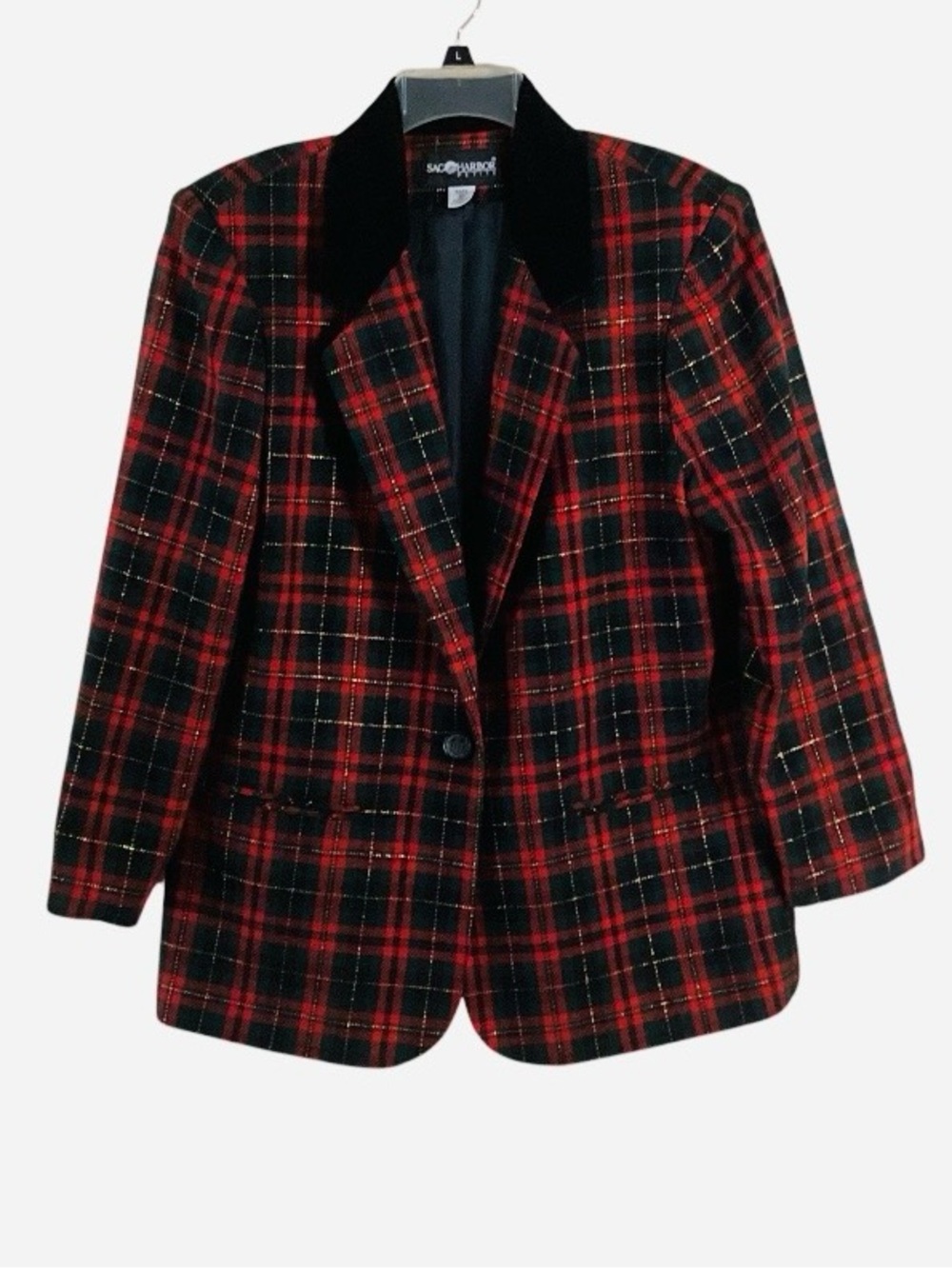 Sag Harbor Vintage 90s Wool Plaid Blazer with Velvet Collar Christmas 12P